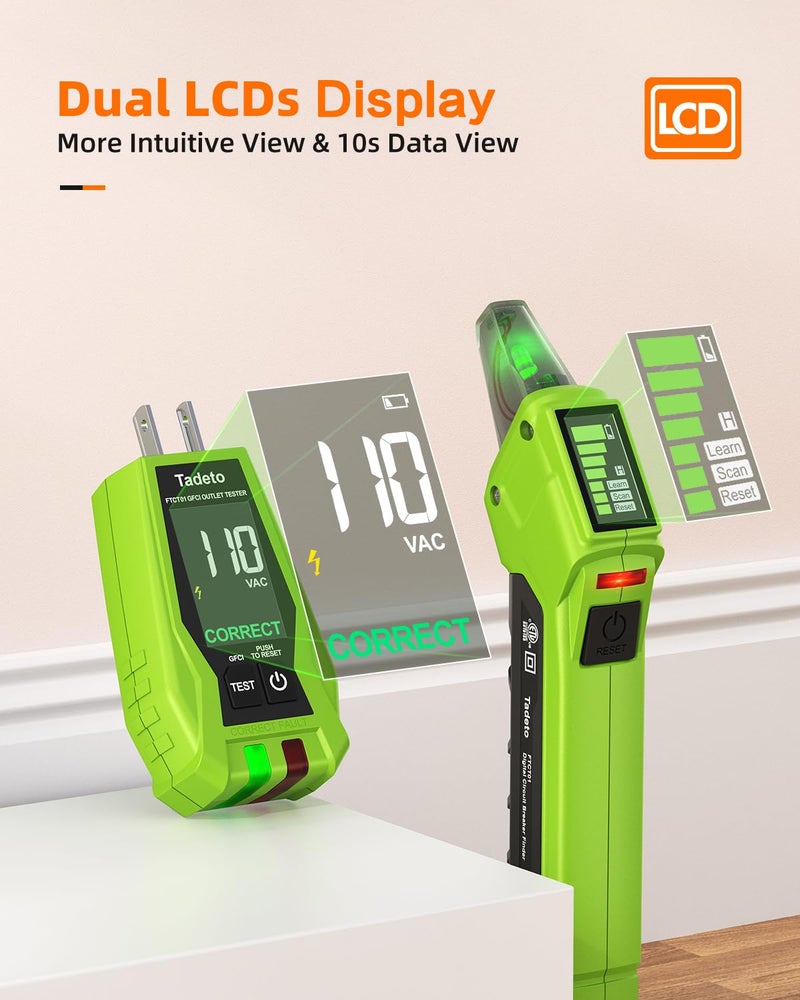 Tadeto Circuit Breaker Finder Tool with Outlet Tester, Quickly GFCI, Voltage, Electric Tester with Dual LCD Display, Light Socket and 3-2 Prong Grounding Adapter, Alligator Clip Adapter - Image 2